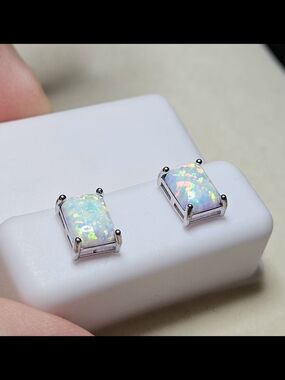 ✨ 925 Sterling Silver 6x8mm Emerald Cut White Fire Opal Stud Earrings ✨